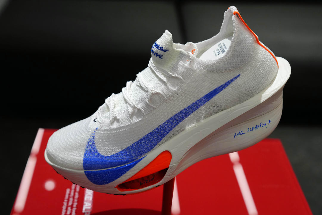 Jun 20, 2024; Eugene, OR, USA; Detailed view of Nike Alphafly 3 racing flat at the Nike by Eugene store. Mandatory Credit: Kirby Lee-USA TODAY Sports
