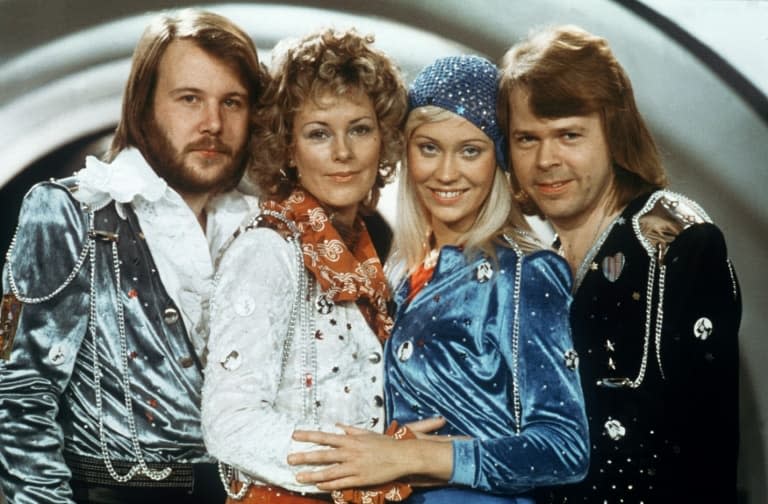 (g-d) Le groupe suédois ABBA, Björn Ulvaeus, AgnethaFaltskog, Anni-FridLyngstad et Benny Andersson, lors du concours de l'Eurovision, le 9 février 1874 - LINDEBORG © 2019 AFP