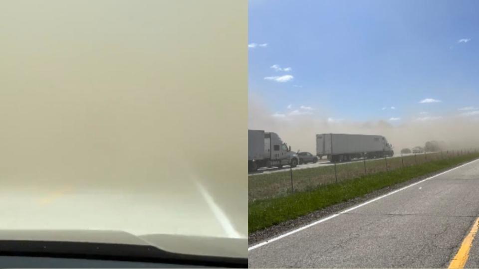 沙塵暴來襲時，駕駛人完全看不到前方的狀況。（圖／翻攝自推特＠gwith99＠Honeydipped_1）
