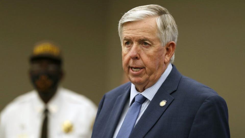 In this Aug. 6, 2020 file photo, Missouri Republican Gov. Mike Parson speaks during a news conference in St. Louis. (AP Photo/Jeff Roberson, File)