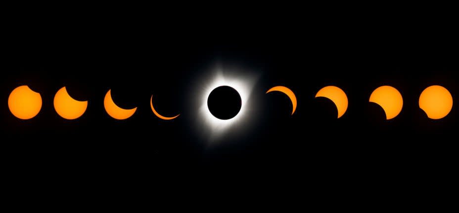 Phases of a solar eclipse progression, with the total eclipse in the center