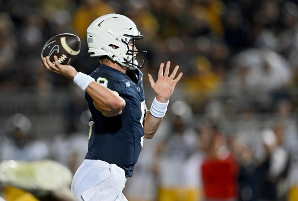 Penn State quarterback Beau Pribula makes a pass during the game against West Virginia on Saturday, Sept. 2, 2023.