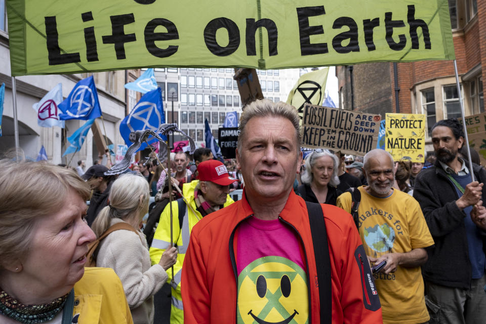 Naturalist and broadcaster Chris Packham joins thousands of protesters from the environmental group Extinction Rebellion gather on Earth Day for The Big One For Biodiversity March non-disruptive protest in Westminster on 22nd April 2023 in London, United Kingdom. Extinction Rebellion is a climate change group started in 2018 and has gained a huge following of people committed to peaceful protests. These protests are highlighting that the government is not doing enough to avoid catastrophic climate change and to demand the government take radical action to save the planet. (photo by Mike Kemp/In Pictures via Getty Images)