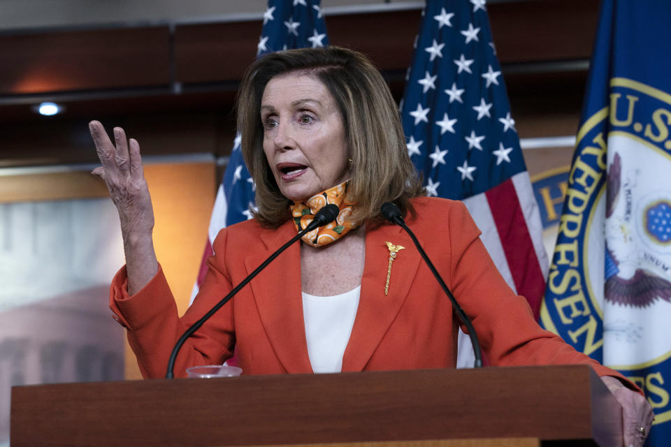 Speaker of the House Nancy Pelosi, D-Calif. speaks during a news conference Thursday, Sept. 24, 2020 on Capitol Hill in Washington. (AP Photo/Jose Luis Magana)