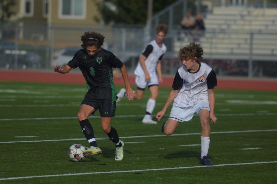 Fossil Ridge soccer player Manuel Scelfo dribbles during a game against Rocky Mountain on Tuesday, Oct. 4, 2022. Scelfo scored the SaberCats lone goal in a key 1-0 win over fellow city rival Fort Collins last week.