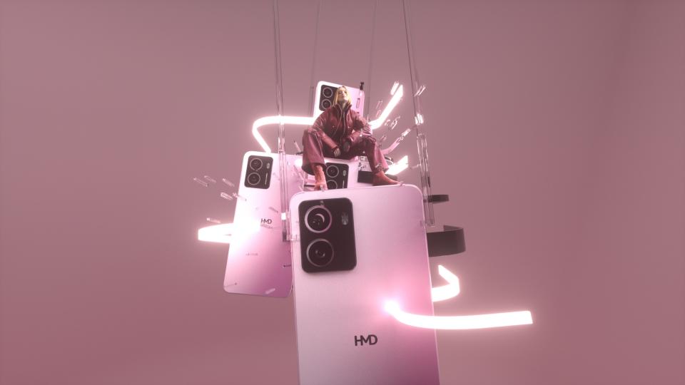 Woman sitting on top of pink HMD Pulse phone.