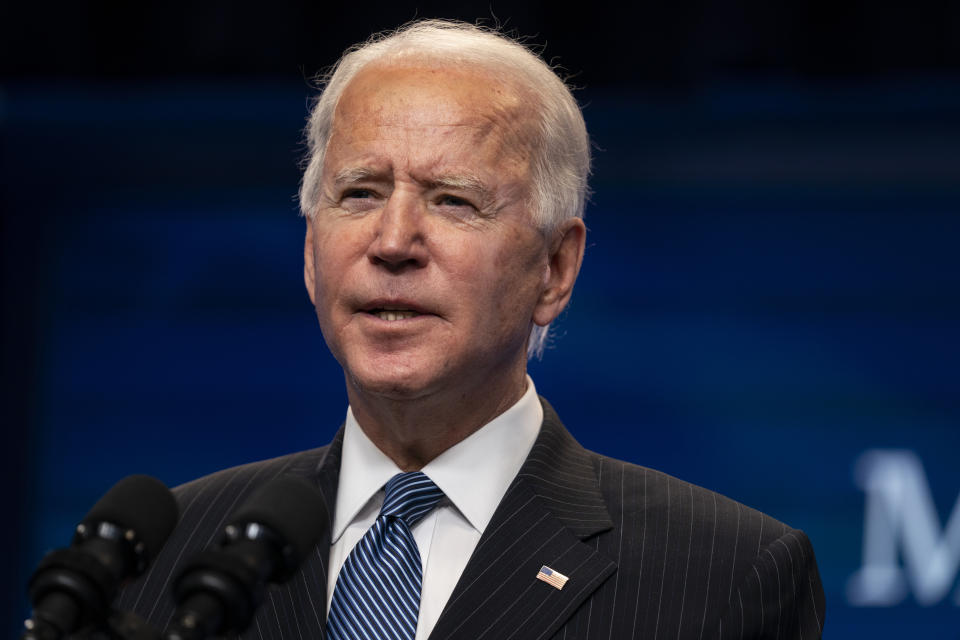 President Joe Biden speaks during an event on American manufacturing, in the South Court Auditorium on the White House complex, Monday, Jan. 25, 2021, in Washington. (AP Photo/Evan Vucci)