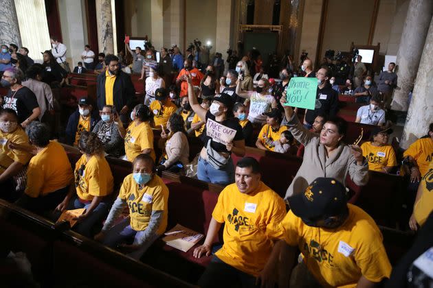 Protesters gather at the Los Angeles City Council meeting on Tuesday demanding the leaders' resignations. (Photo: Gary Coronado via Getty Images)