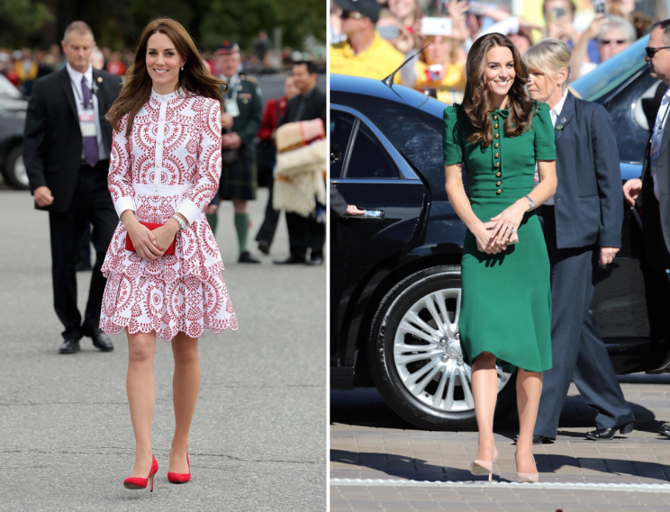 For a royal tour of Canada, Kate mainly wore high-end dresses like this printed Alexander McQueen number and custom green Dolce & Gabbana dress which cost $2500 (Photo: PA)