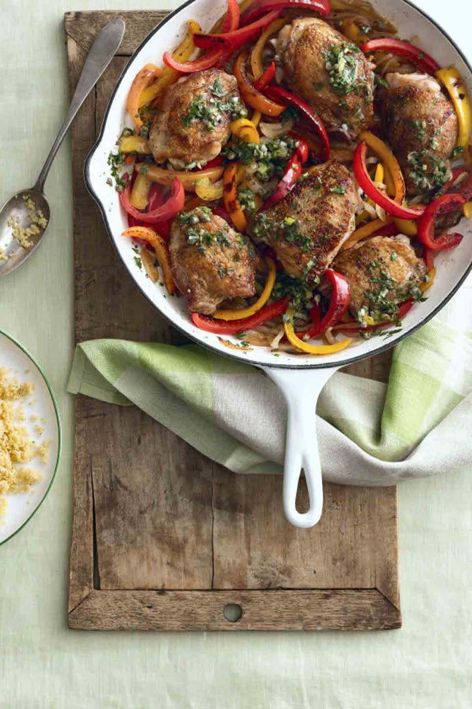 Crispy Chicken Thighs with Pepper and Salsa Verde