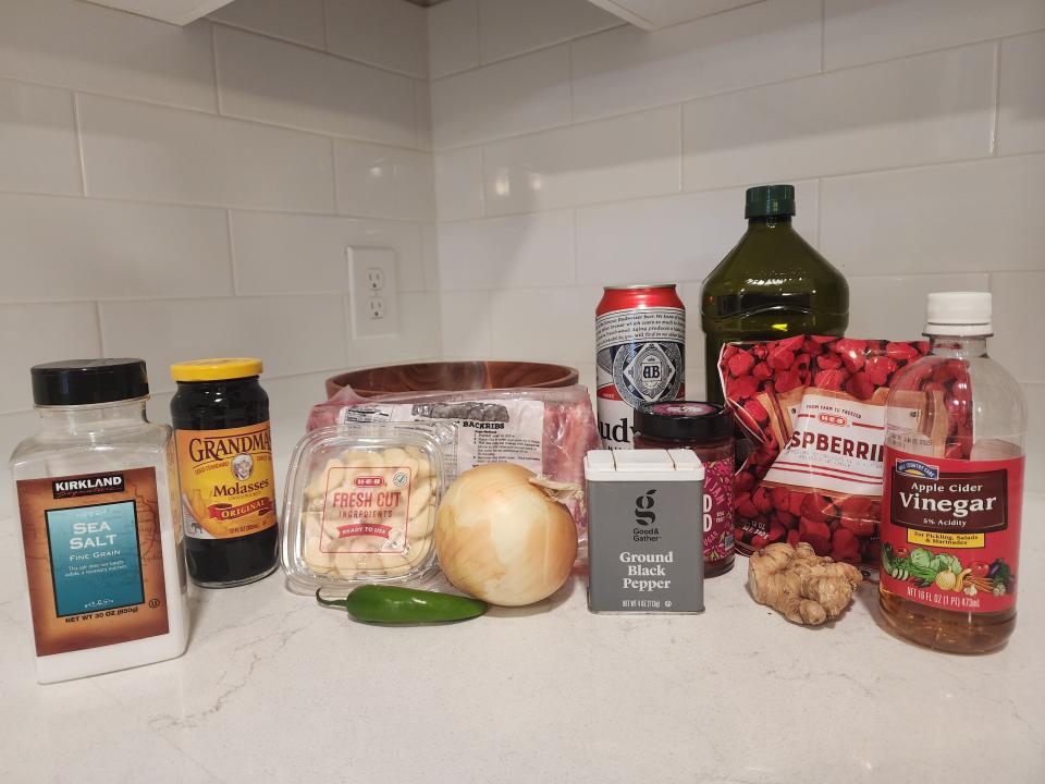 ingredients for guy fieri's rib recipe on a kitchen counter