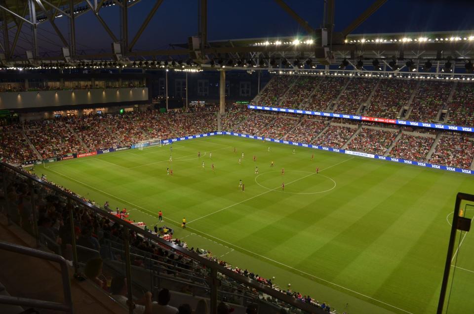 Aerial view of the field at Q2 Stadium, home of Austin FC in Austin, TX