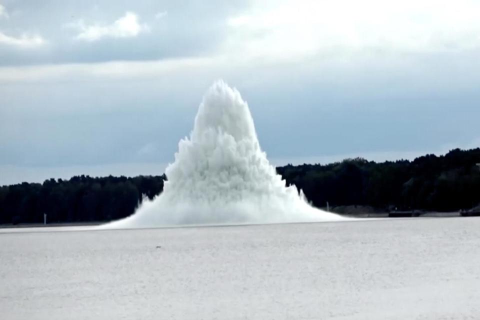 Tallboy bomb, the biggest World War Two bomb ever found in Poland, explodes underwater while being defused (via REUTERS)