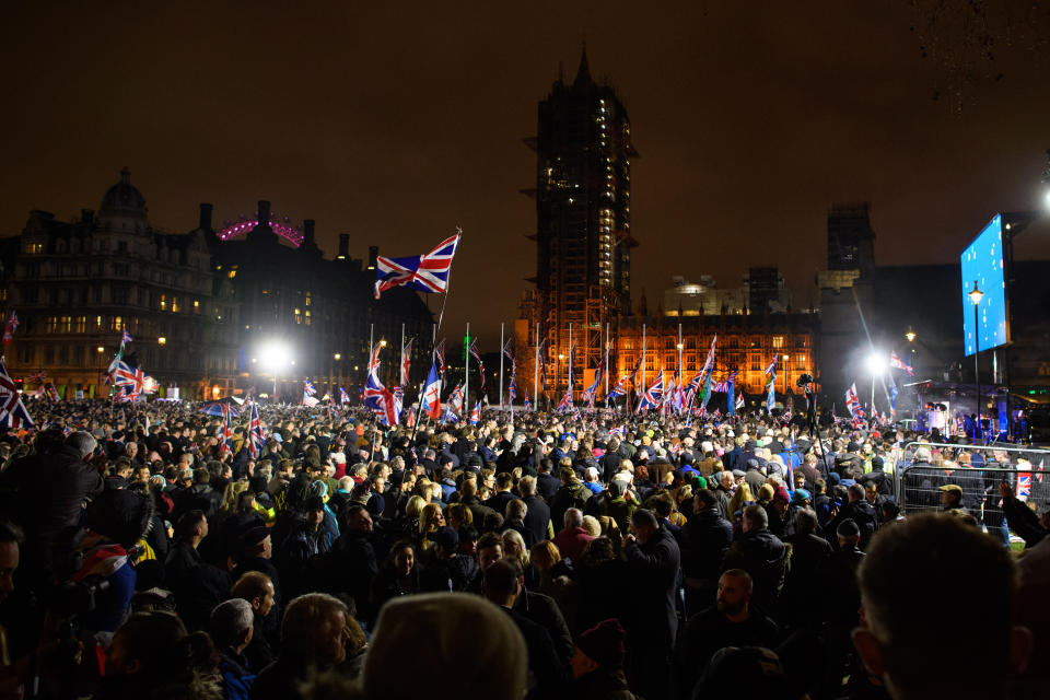 Pro-Brexit supporters gather in Parliament Square, London, as the UK prepared to leave the European Union at 11pm UK time. Picture date: Friday January 31, 2020. Photo credit should read: Matt Crossick/Empics