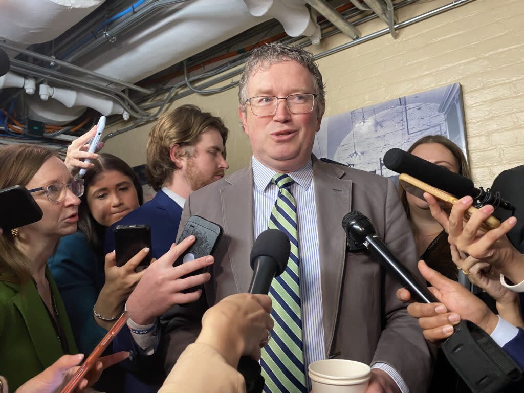 Kentucky Republican U.S. Rep Thomas Massie speaks with reporters inside the U.S. Capitol on Tuesday, April 16, 2024.