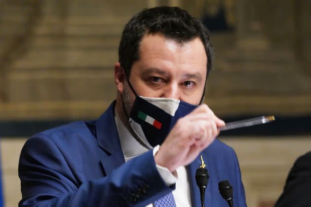 ROME, ITALY - FEBRUARY 09: Leader of La Lega Party Matteo Salvini, talks to media following a consultation with designated Prime Minister Mario Draghi to form a new government on February 09, 2021 in Rome, Italy. (Photo by Livio Anticoli AB Pool - Corbis/Corbis via Getty Images) (Photo: AB Pool - Corbis via Getty Images)