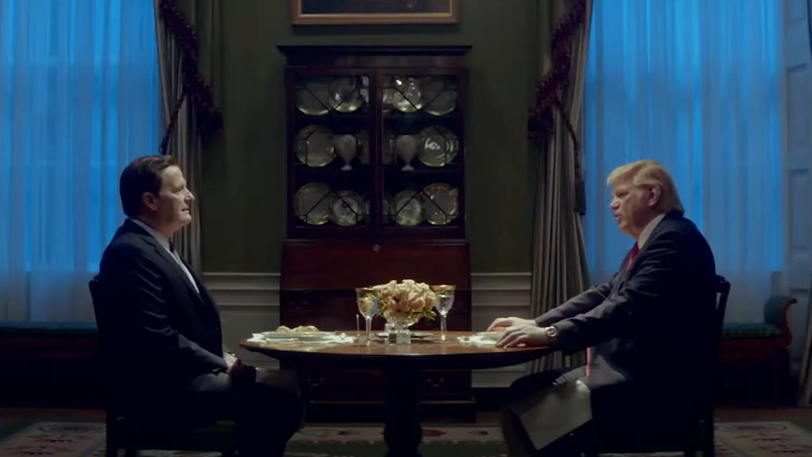 Jeff Daniels as James Comey and Brendan Gleeson as Donald Trump in 'The Comey Rule'. (Credit: Showtime)