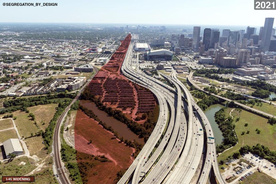 The widening of Houston’s Interstate 45 highway expands a decades-long displacement of the region’s Black middle class, transit advocates said. (Courtesy of Adam Paul Susaneck and Segregation by Design)
