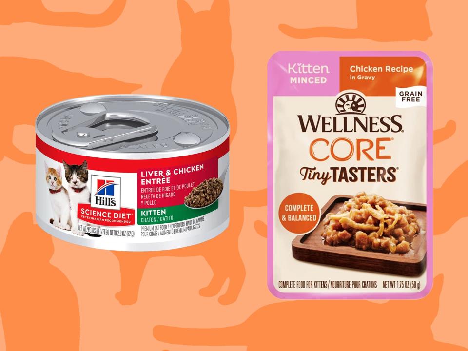 A can of Hill's and a pouch of Wellness wet cat food on an orange background patterned with cat silhouettes.