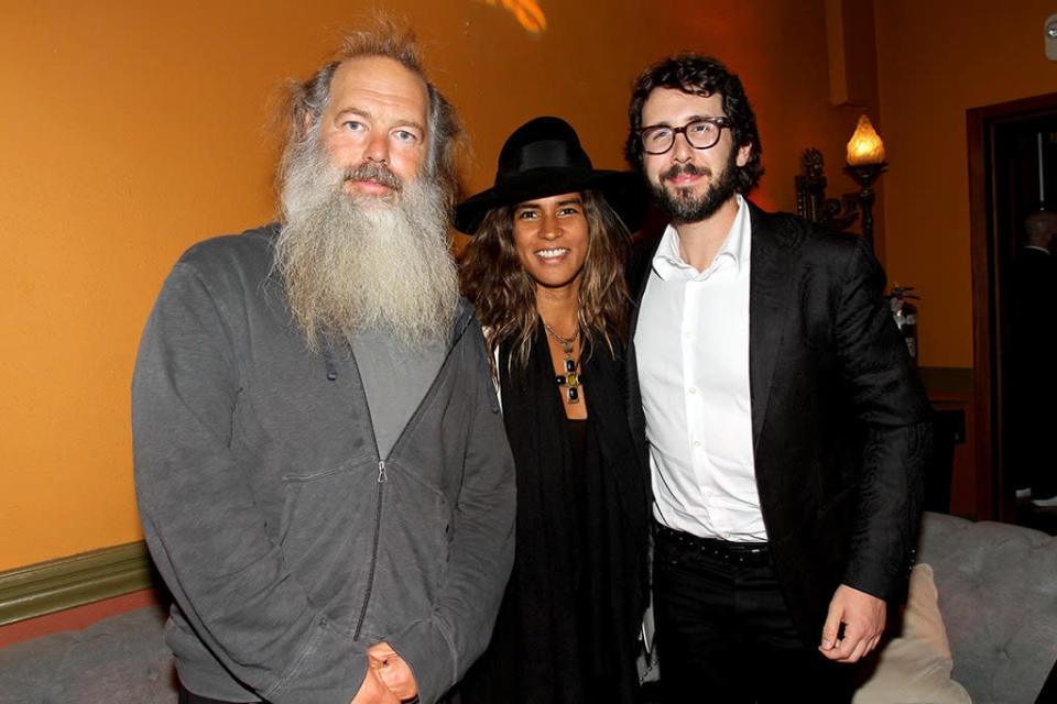 Honoree Rick Rubin, Mourielle Herrera and recording artist Josh Groban pose during the P&E Wing Event honoring Rick Rubin at The Villiage Studios on February 11, 2016 in Los Angeles. Photo by Maury Phillips/WireImage