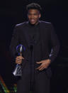 NBA player Giannis Antetokounmpo, of the Milwaukee Bucks, accepts the award for best male athlete at the ESPY Awards on Wednesday, July 10, 2019, at the Microsoft Theater in Los Angeles. (Photo by Chris Pizzello/Invision/AP)