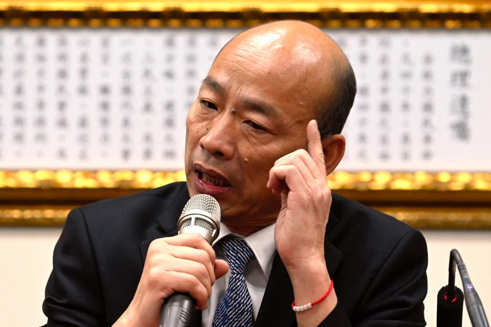 Kaohsiung Mayor Han Guo-Yu gestures during a press conference after meeting with Chairman of Taiwans main opposition Kuomintang (KMT) Wu Den-yih in Taipei in April 30, 2019. (Photo by Sam YEH / AFP)        (Photo credit should read SAM YEH/AFP/Getty Images)