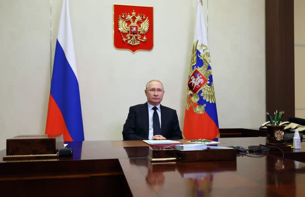 Vladimir Putin chairs a Security Council meeting via a video link at the Novo-Ogaryovo state residence, outside Moscow, on January 27.