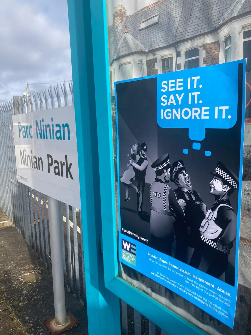 A poster attacking the Met Police was put up at Ninian Park station in Cardiff, Wales. (Women's Equality Party)