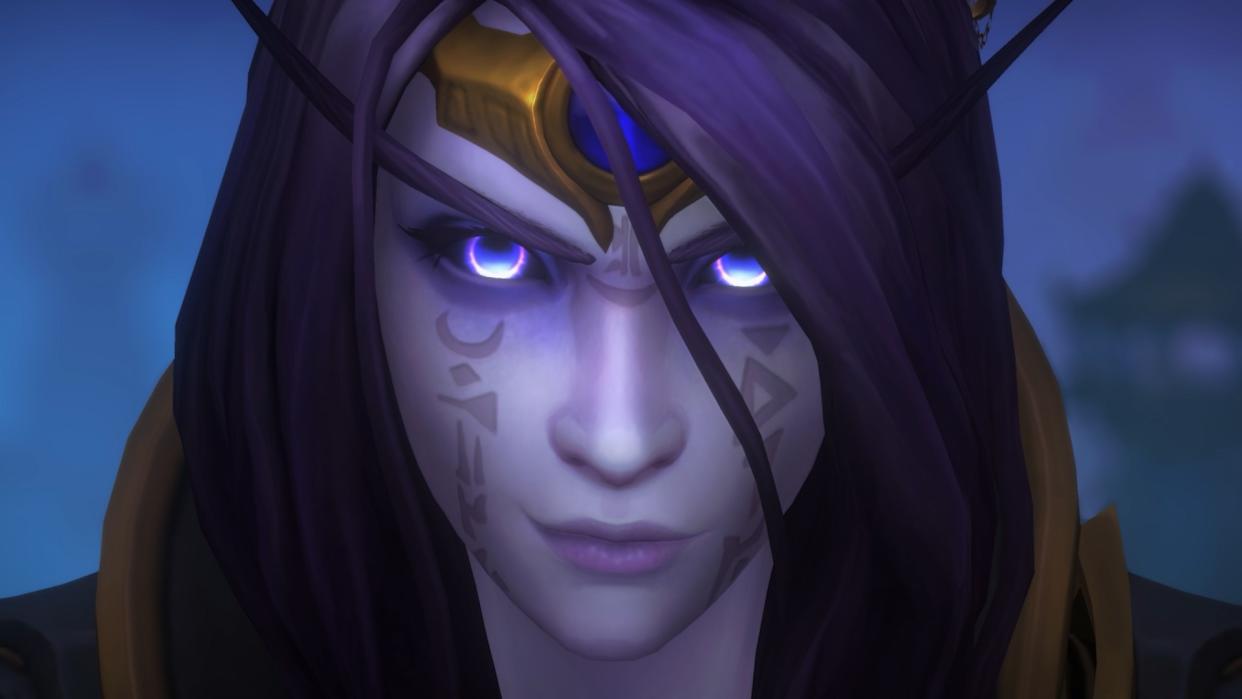 World of Warcraft void elf character Xal'atath looking intently in a close up. 
