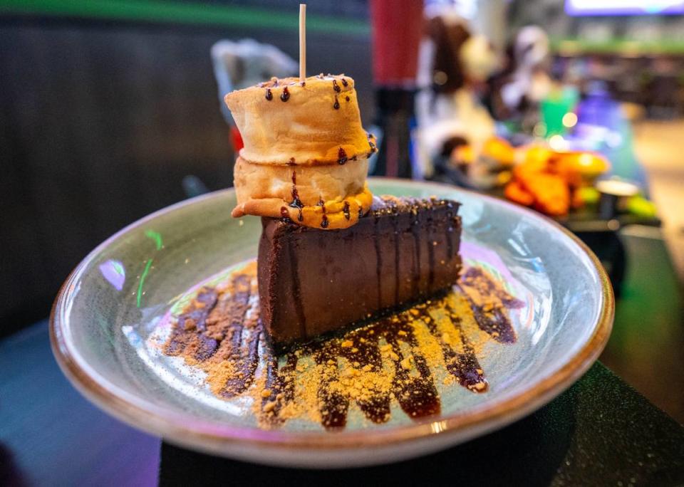 A freshly made S’mores Cheesecake sits on display at Dave & Buster’s in Folsom on Tuesday, March 26, 2024.