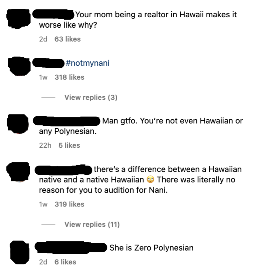 Comments about her not being Native Hawaiian and "zero Polynesian"