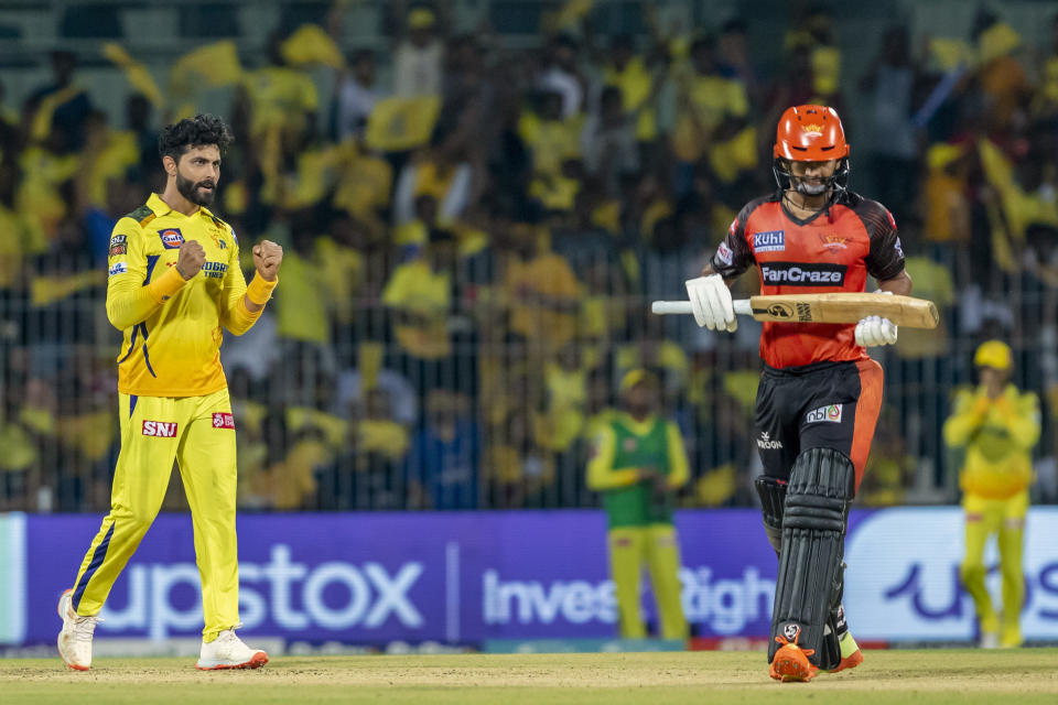 Chennai Super Kings' Ravindra Jadeja celebrates as Sunrisers Hyderabad's Rahul Tripathi leaves the ground after losing his wicket during the Indian Premier League cricket match between Chennai Super Kings and Sunrisers Hyderabad in Chennai, India, Friday, April 21, 2023. (AP Photo/R. Parthibhan)
