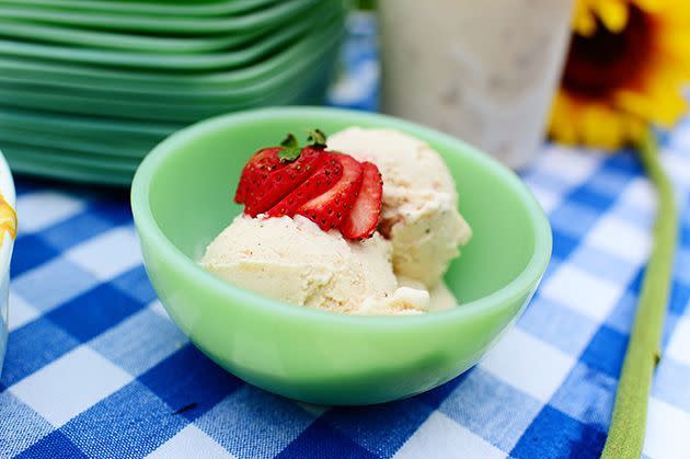 strawberry ice cream in green bowl