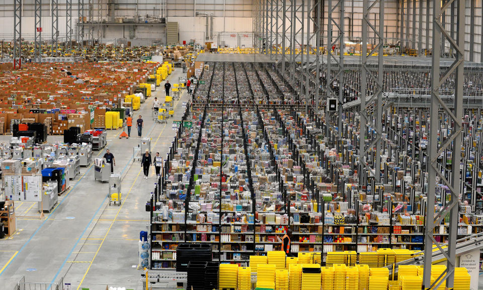 A picture shows the Fulfilment Centre for online retail giant Amazon in Peterborough, central England, on November 28, 2013, ahead of Cyper Monday on December 2nd, expected to be one of the busiest online shopping days of the year. AFP PHOTO/ANDREW YATES        (Photo credit should read ANDREW YATES/AFP/Getty Images)