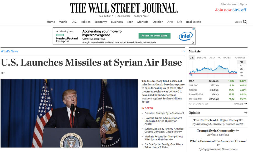 World response in headlines to U.S. Syria Strikes: Wall Street Journal