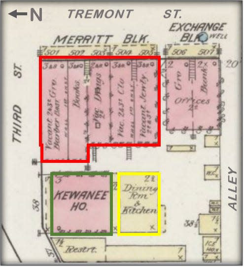 Merritt Block (red outline) and new (green outline) and old (yellow outline) Kewanee House on the 1885 Sunborn Insurance Company map.