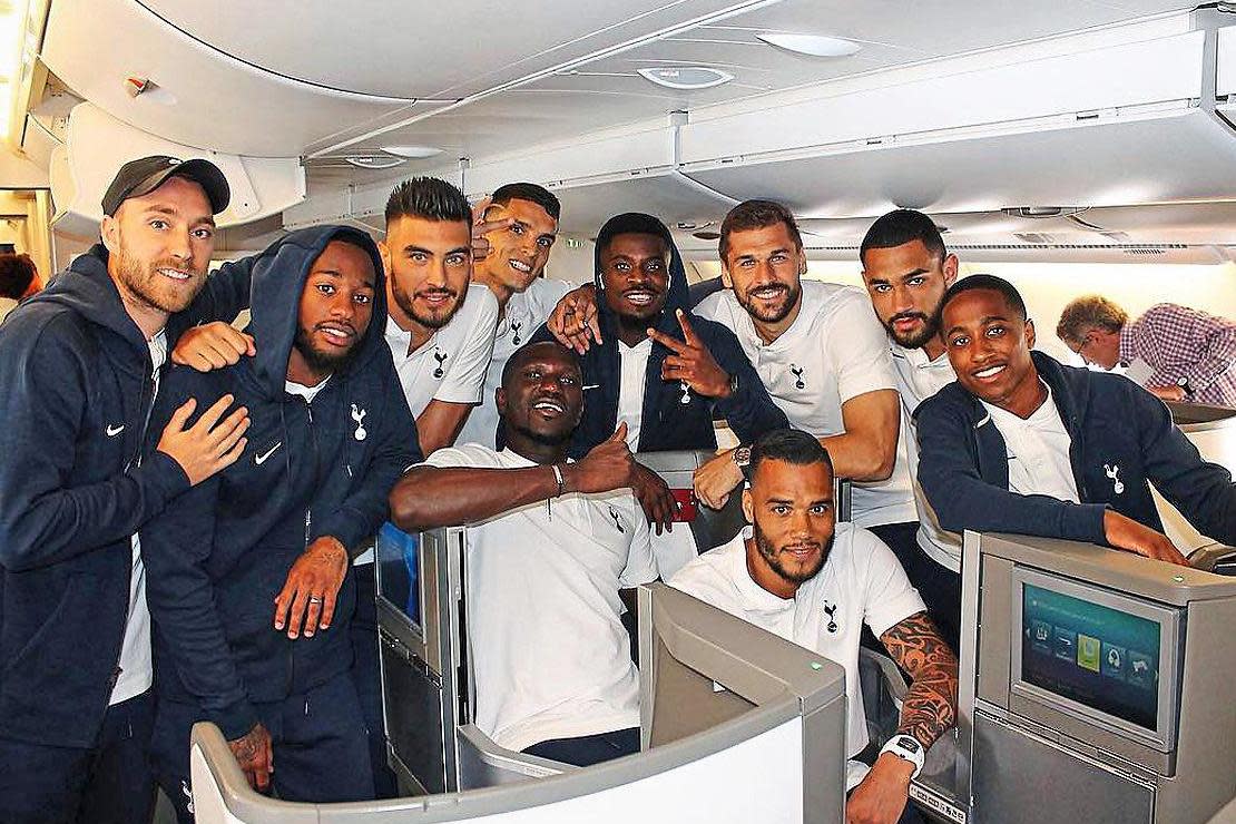 High fliers: Tottenham’s squad en route to Los Angeles for their pre-season tour: Instagram/chriseriksen8