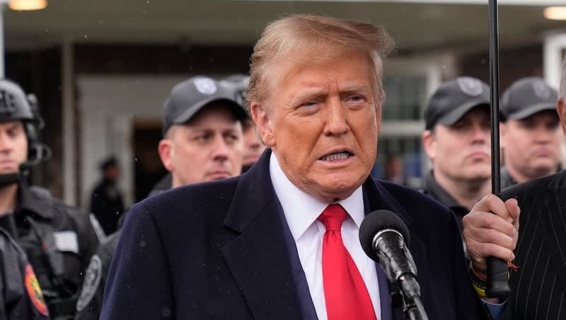 Former President Donald Trump speaks during a news conference after attending the wake of New York City police officer Jonathan Diller, Thursday, March 28, 2024, in Massapequa Park, N.Y.