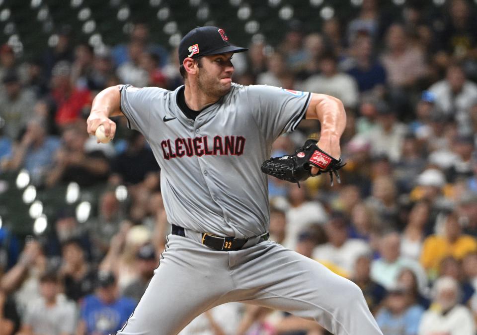 Guardians pitcher Gavin Williams delivers a pitch against the Brewers in the third inning, Aug. 16, 2024, in Milwaukee.