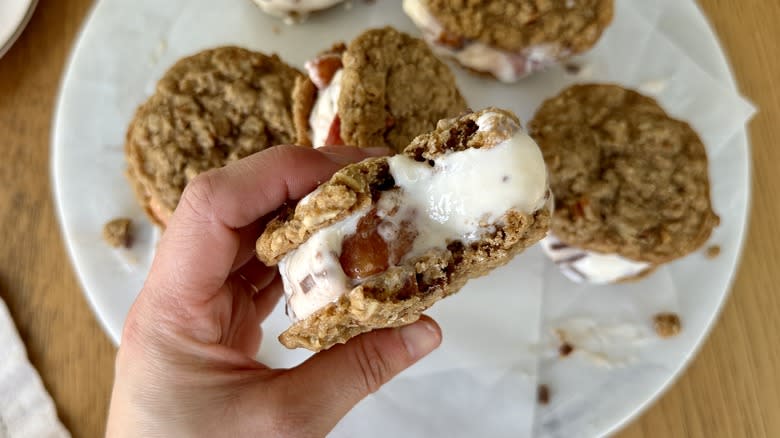 Peaches and cream ice cream sandwich bite