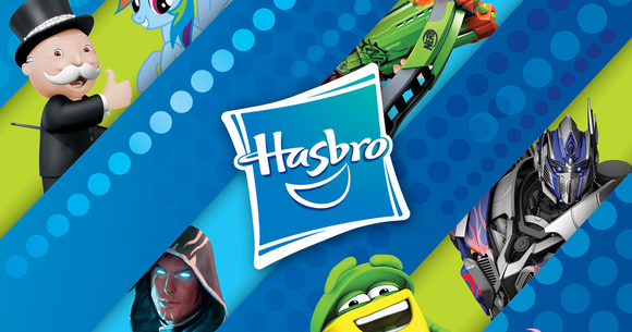 Hasbro's logo in center surrounded by various characters from its brands, including Play-Doh, Monopoly, Nerf, and more.