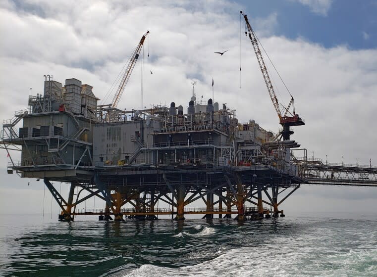 Oil platforms Elly is located about nine miles offshore from Huntington Beach in this image taken August 27, 2019.