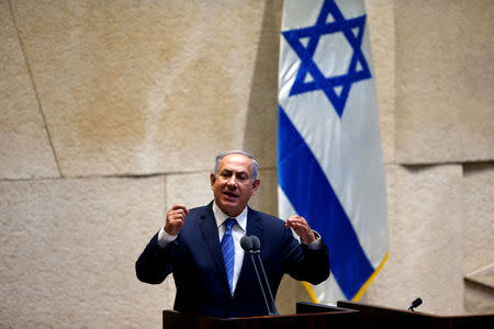 Israeli Prime Minister Benjamin Netanyahu speaks during the opening of the summer session of the Knesset, the Israeli parliament, in Jerusalem, May 23, 2016. REUTERS/Ronen Zvulun/File Photo