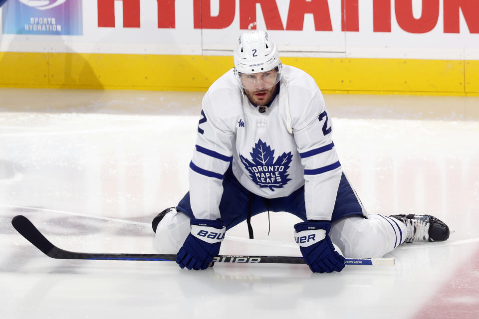 SUNRISE, FL - MAY 10: Luke Schenn #2 of the Toronto Maple Leafs stretches prior to the game against the Florida Panthers in Game Four of the Second Round of the 2023 Stanley Cup Playoffs at the FLA Live Arena on May 10, 2023 in Sunrise, Florida. The Maple Leafs defeated the Panthers 2-1. (Photo by Joel Auerbach/Getty Images)