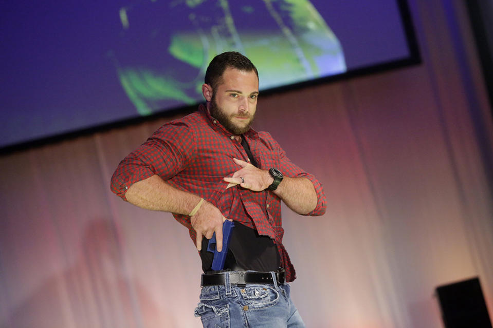 A model on the runway during the NRA Concealed Carry Fashion Show on Aug. 25. (Photo: Joshua Lott/AFP/Getty Images)