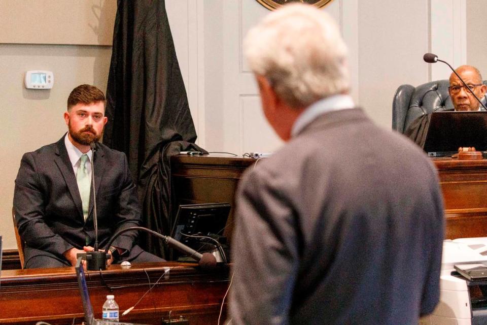 Defense attorney Dick Harpootlian questions witness Chad McDowell, corporal with the Colleton County Sheriff’s Office during the Alex Murdaugh murder trial at the Colleton County Courthouse in Walterboro, Thursday, Jan. 26, 2023. Grace Beahm Alford/The Post and Courier/Pool