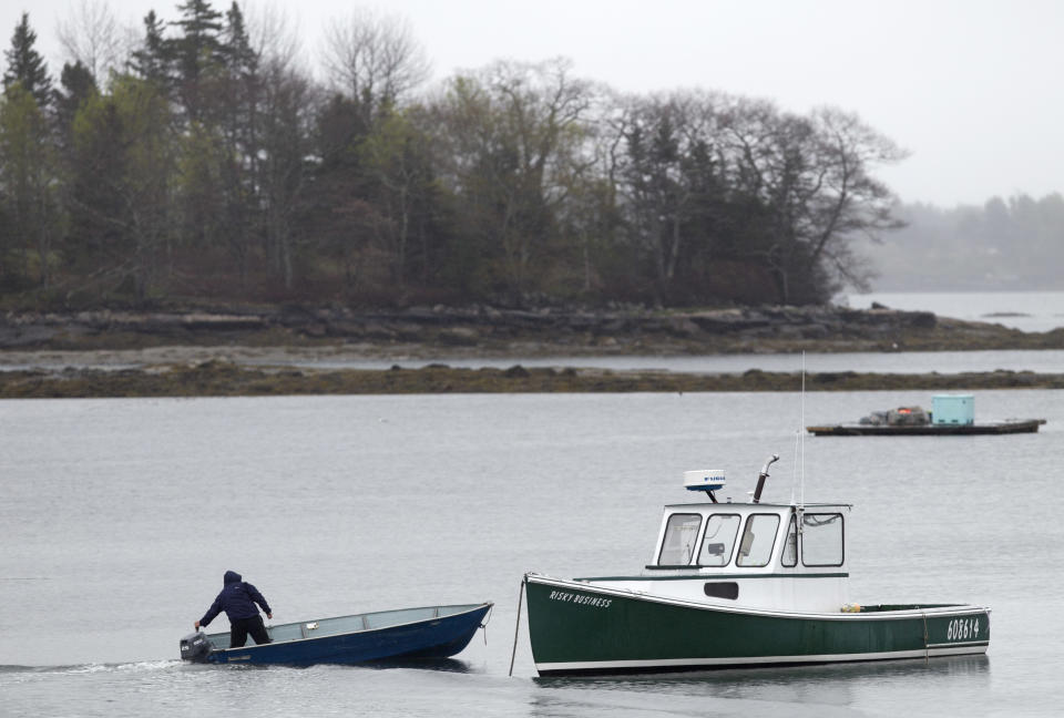 A fisherman motors his skiff out to a lobster boat moored in Friendship, Maine, Thursday, May 10, 2012. Two lobster boats in the harbor were recently sunk by vandals. (AP Photo/Robert F. Bukaty)