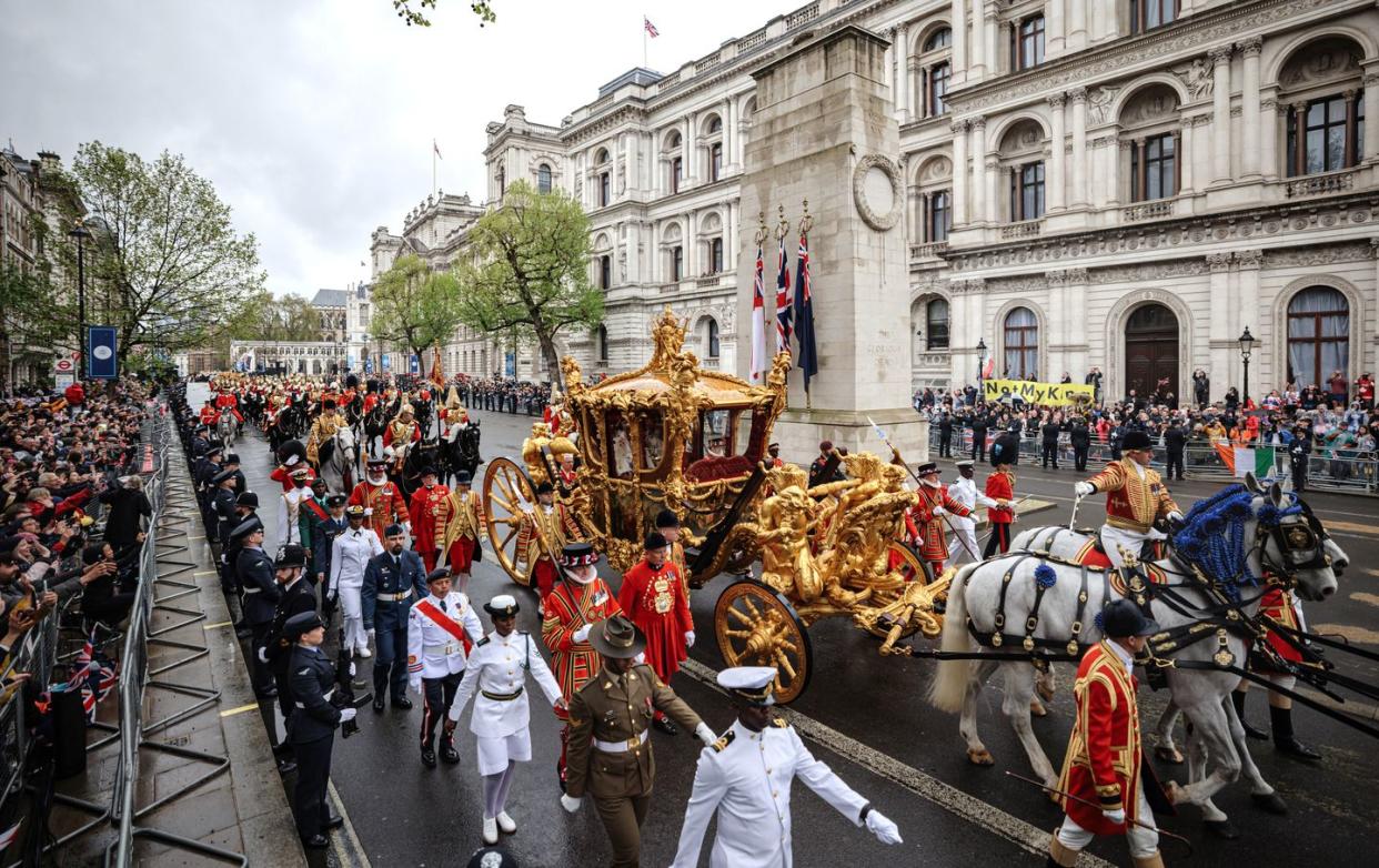 london, england may 06 king charles iii and queen camilla travelling in the gold state coach built in 1760 and used at every coronation since that of william iv in 1831sets off from westminster abbey on route to buckingham palace during the coronation of king charles iii and queen camilla on may 06, 2023 in london, england the coronation of charles iii and his wife, camilla, as king and queen of the united kingdom of great britain and northern ireland, and the other commonwealth realms takes place at westminster abbey today charles acceded to the throne on 8 september 2022, upon the death of his mother, elizabeth ii photo by rob pinneygetty images