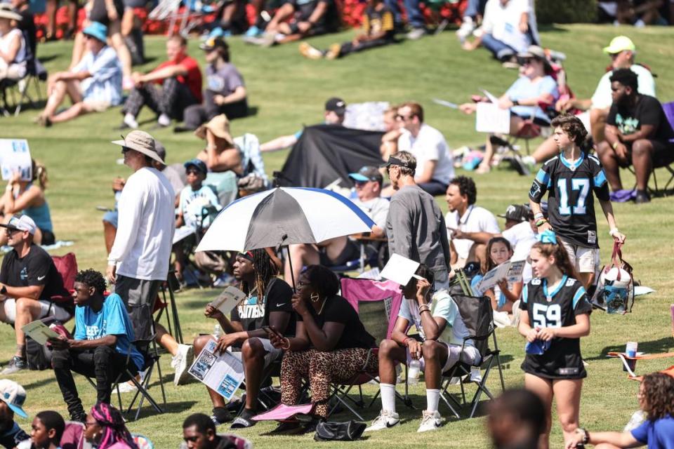 Fans watch Panthers Training Camp at Wofford College in Spartanburg, N.C., on Wednesday, July 26, 2023.