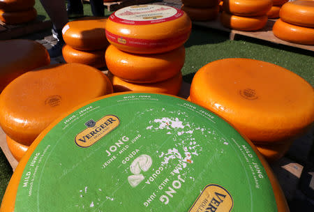 Gouda wheels are pictured at the cheese market in Gouda, Netherlands April 18, 2019. REUTERS/Yves Herman